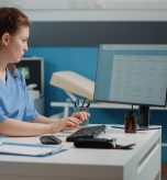 Nurse typing on computer keyboard for consultation and appointment. Medical assistant using technology for healthcare system in doctors office. Specialist working with medical equipment